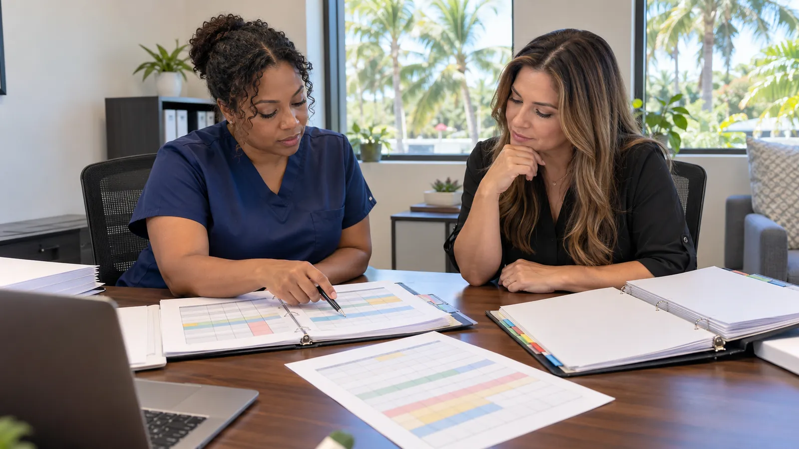 A nurse administrator and a new owner review patient staffing schedules and license binders at a conference table in a small agency office