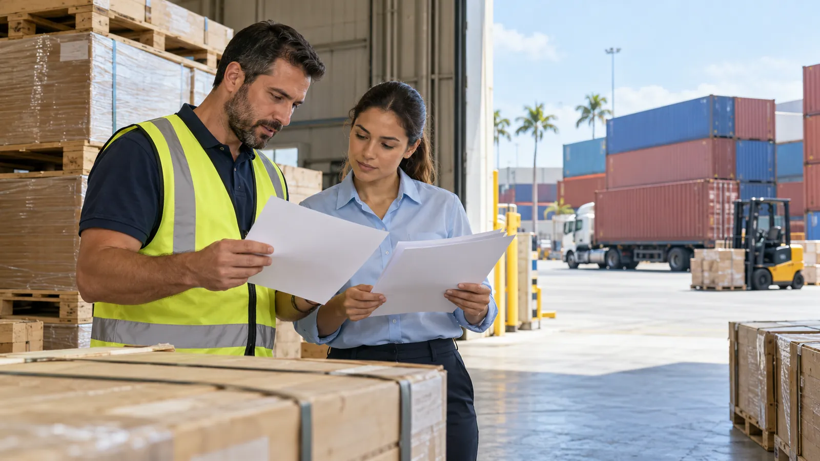 A freight forwarder and a customs paperwork clerk check shipping documents beside stacked pallets with a container yard visible through a warehouse door