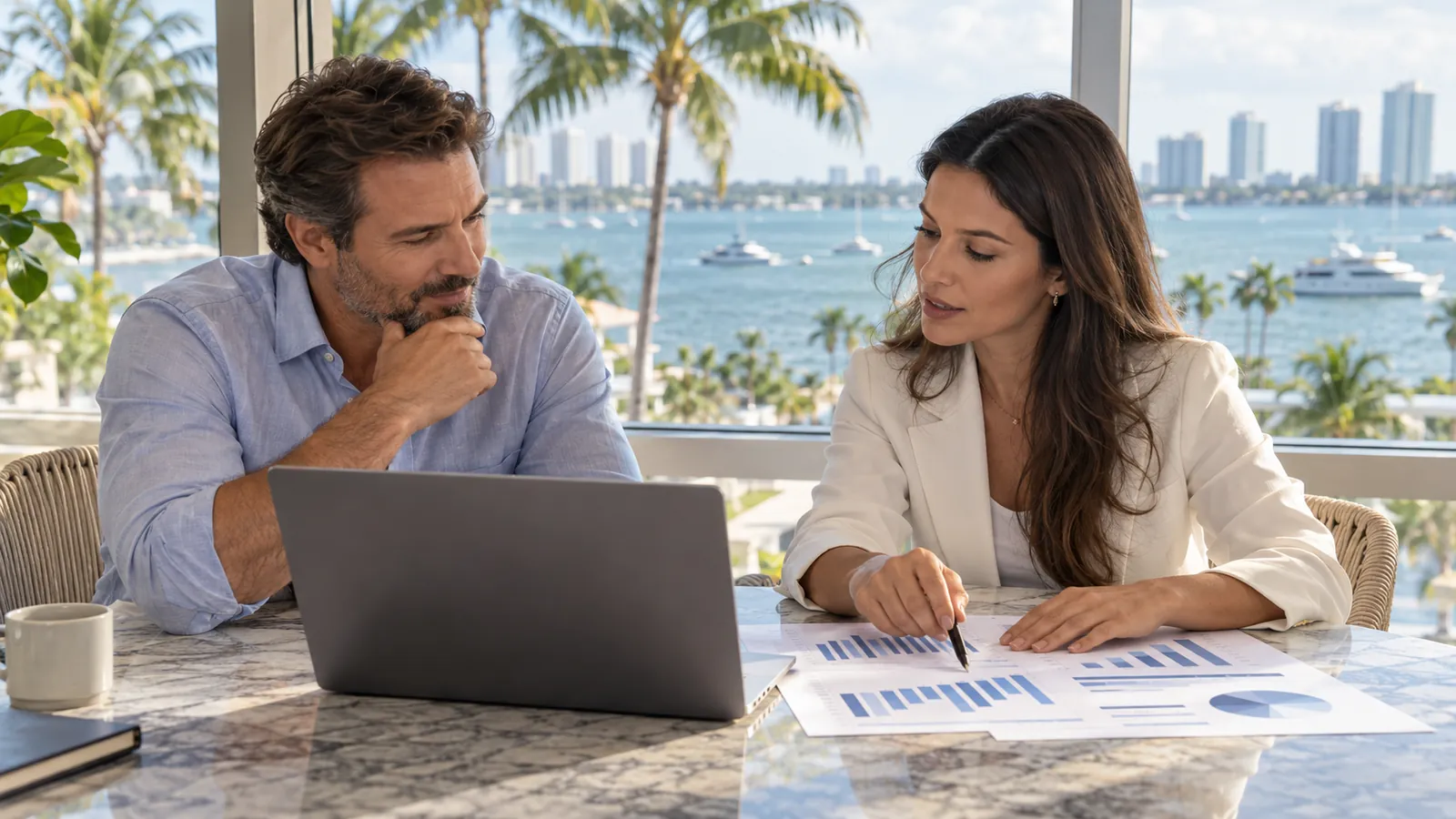 A business owner and a broker sit at a table by a large window with palm trees and boats on the bay, a laptop and financial statements between them